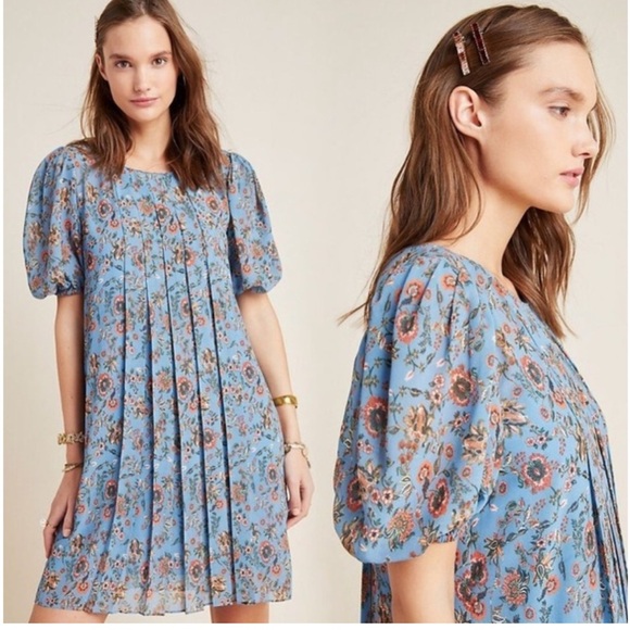 Anthropologie Sachin &amp; Babi Sz 4‎ Marina Blue FloralPleated Dress Flowy Mini